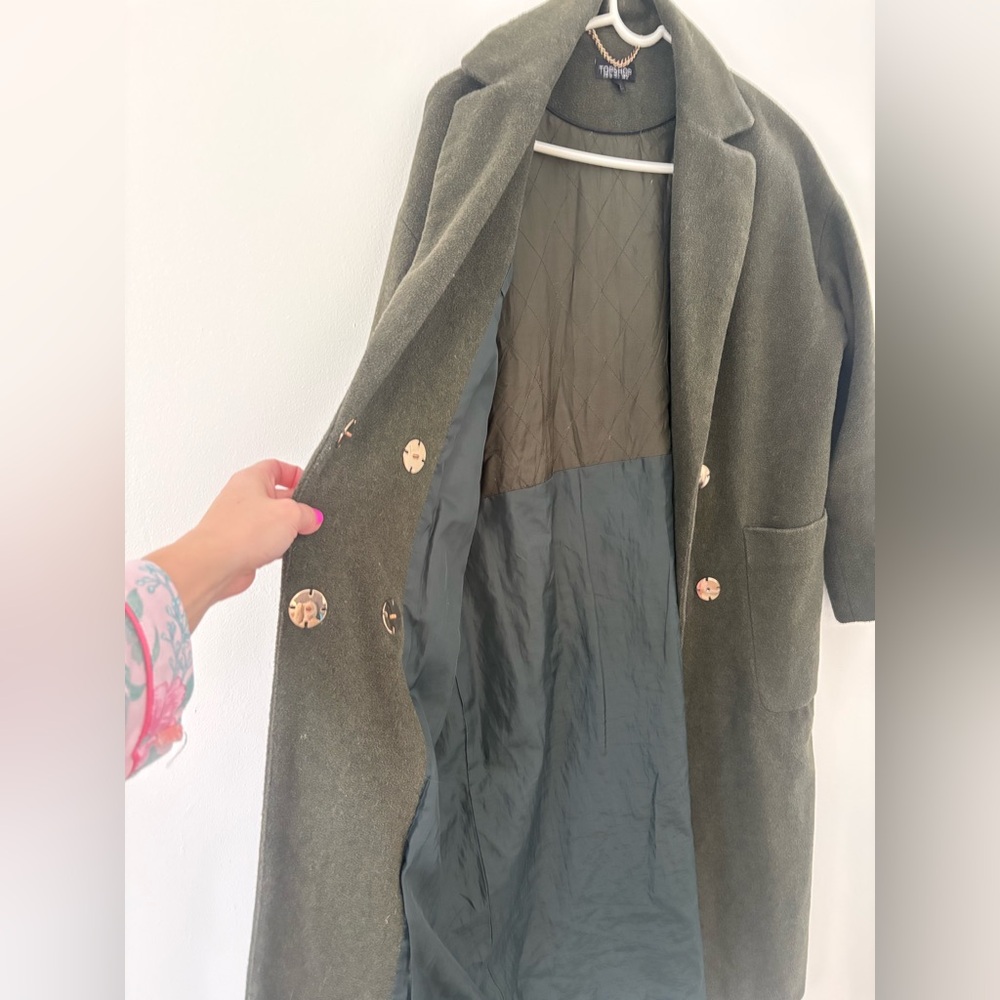 Topshop Khaki Green Longline Brushed Wool Blend Chuck On Coat Patch Pockets 6 - Picture 11 of 13